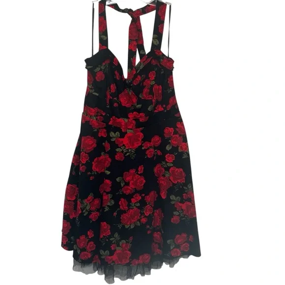 Hot Topic Red Roses Halter Top Dress Sz XXL Pinup Tulle Trim Black & Red - Picture 3 of 16
